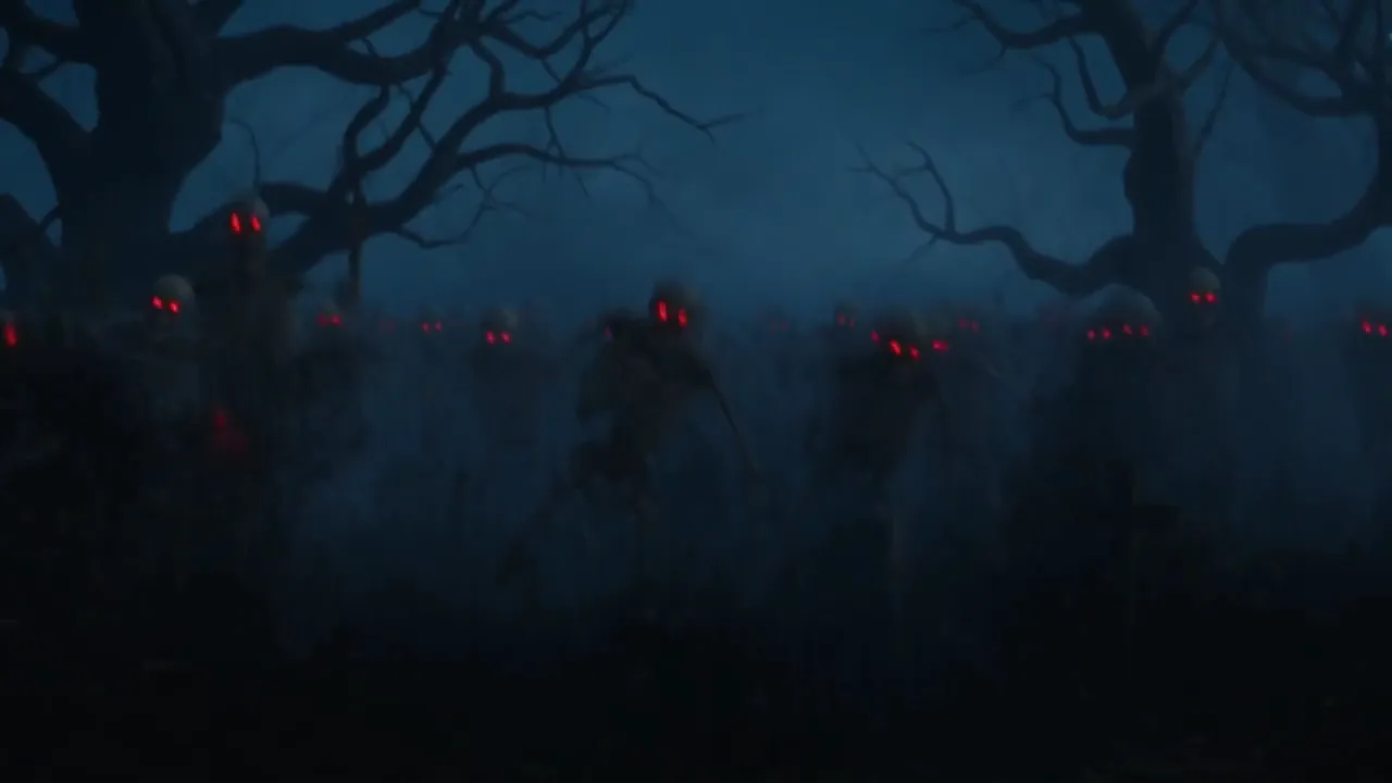 Red-eyed undead gathering in a dark forest