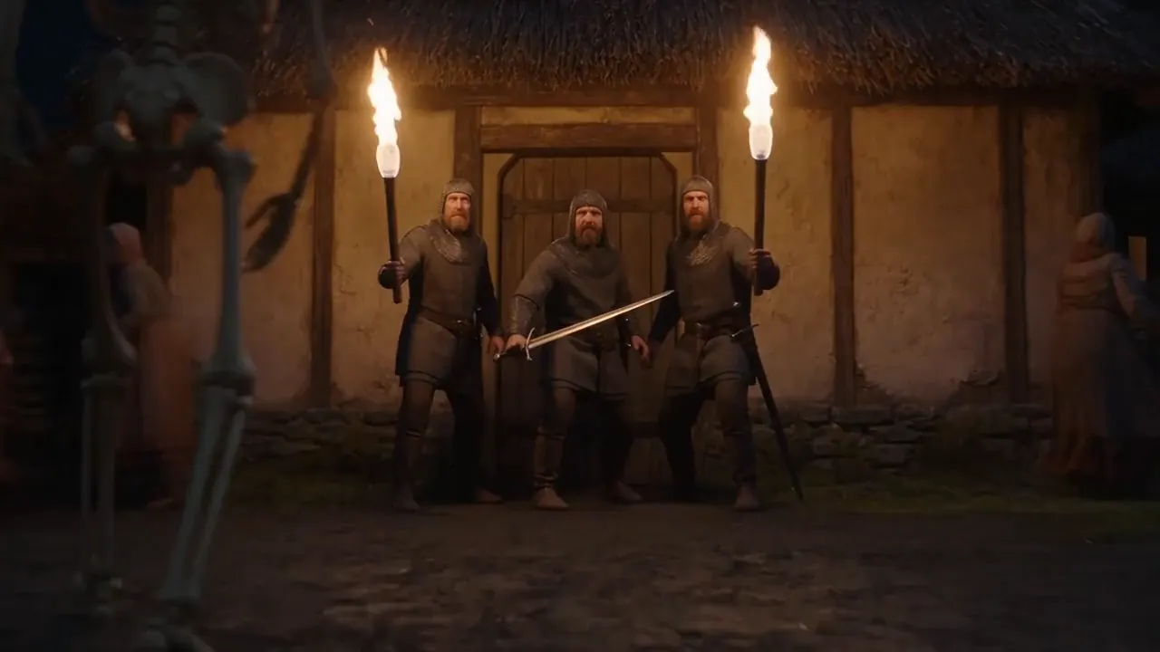 Villagers with torches standing guard outside a cottage at night