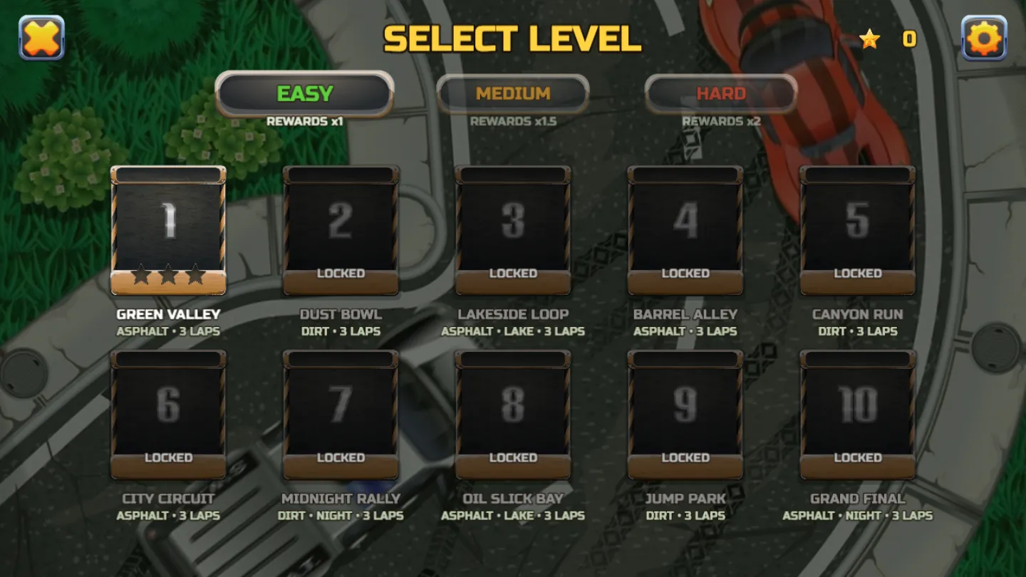 The Turbo Tracks level select screen showing all ten tracks
