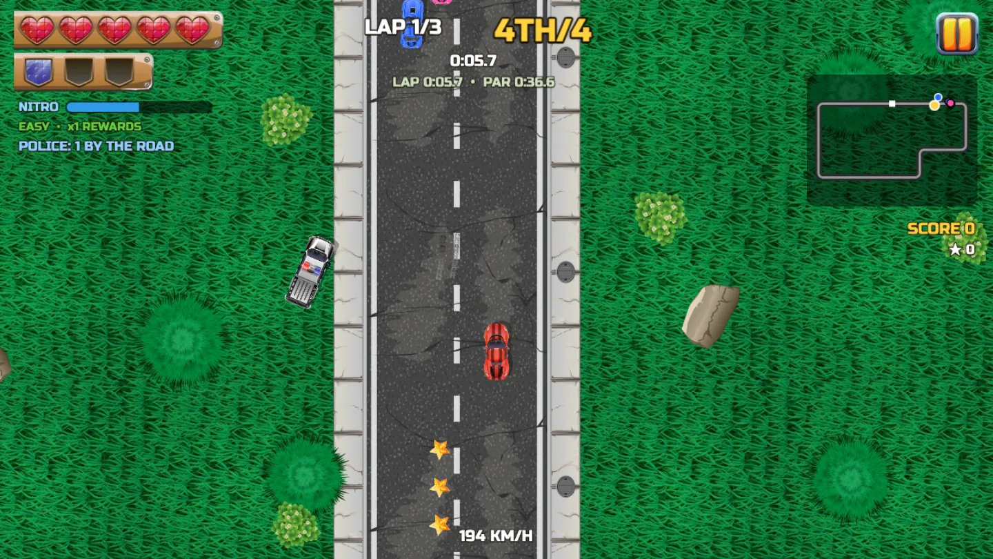 A red sports car racing past a police cruiser on the Green Valley track